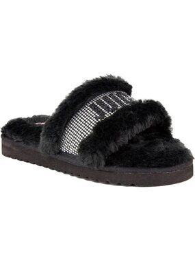 Cozy Faux Fur Slide Slippers with Embellished Strap | Fuzzy Indoor/Outdoor